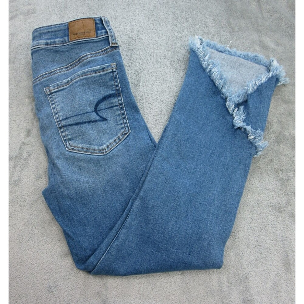American Eagle Women's Sz 6 Cropped Jeans Fringed Hem w/ Details Blue Pockets